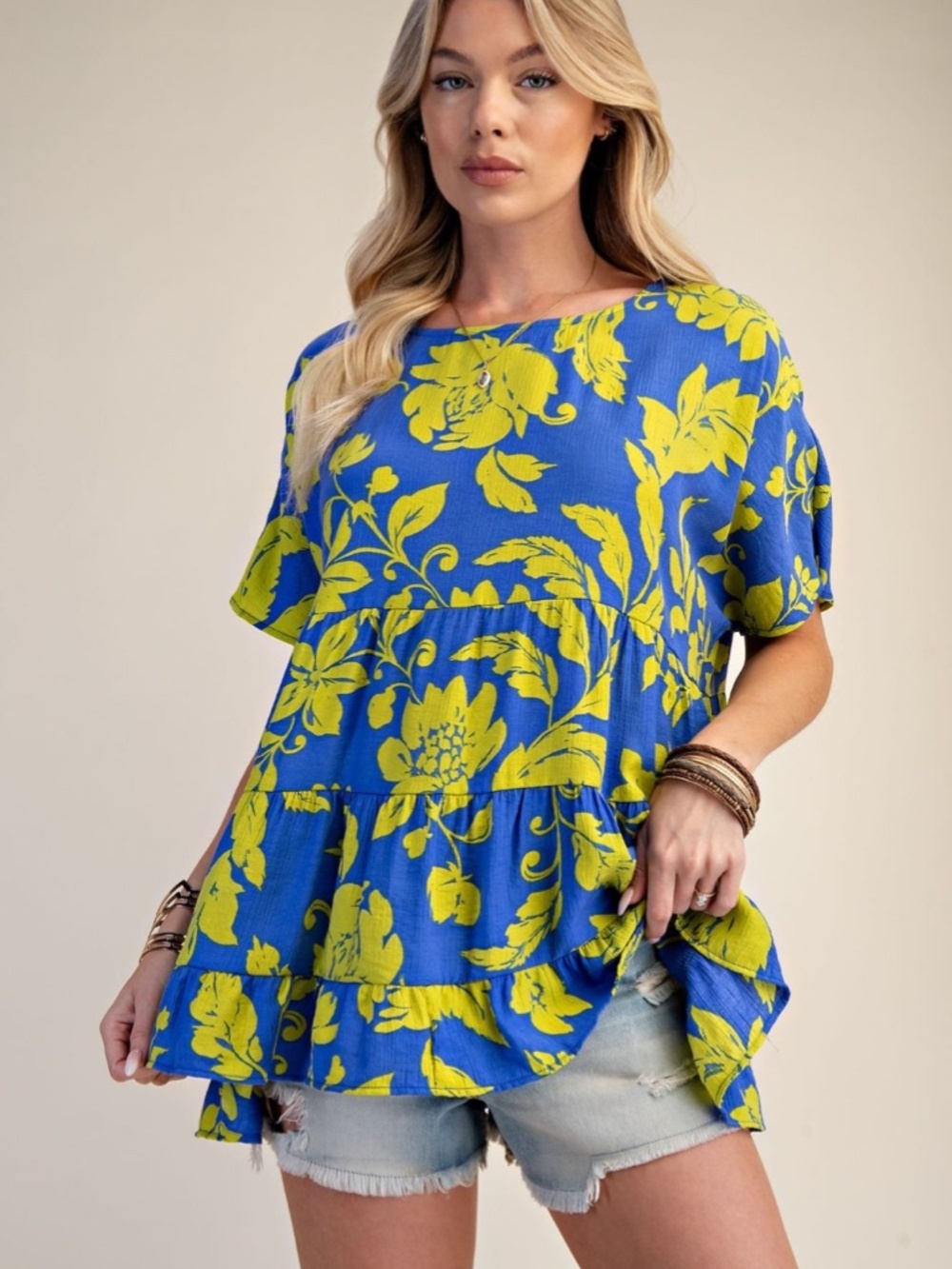 "The Mae" Blue/Green Floral Tiered Swing Oversized Top